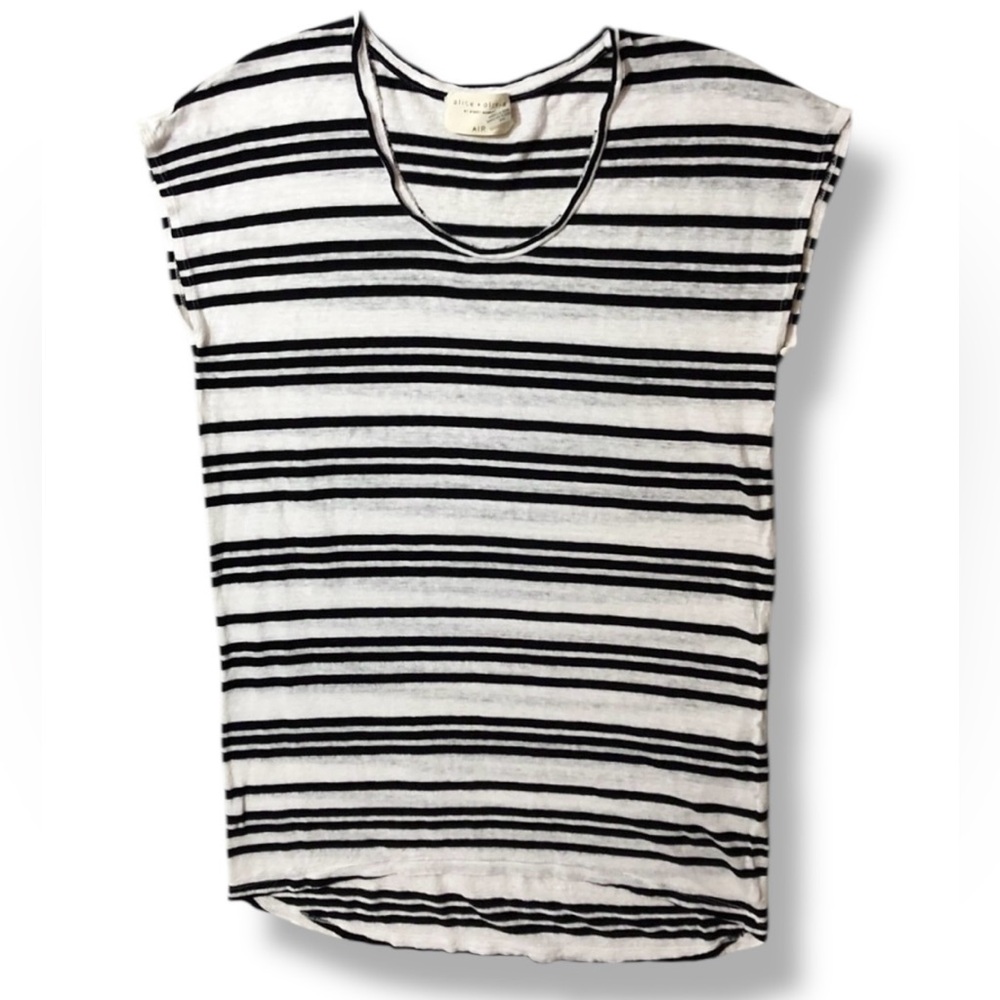 ALICE + OLIVIA Black & White Striped Slub Knit Linen Scoop Neck Tunic Sz M